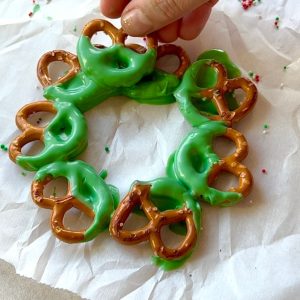 assemble chocolate pretzel wreaths