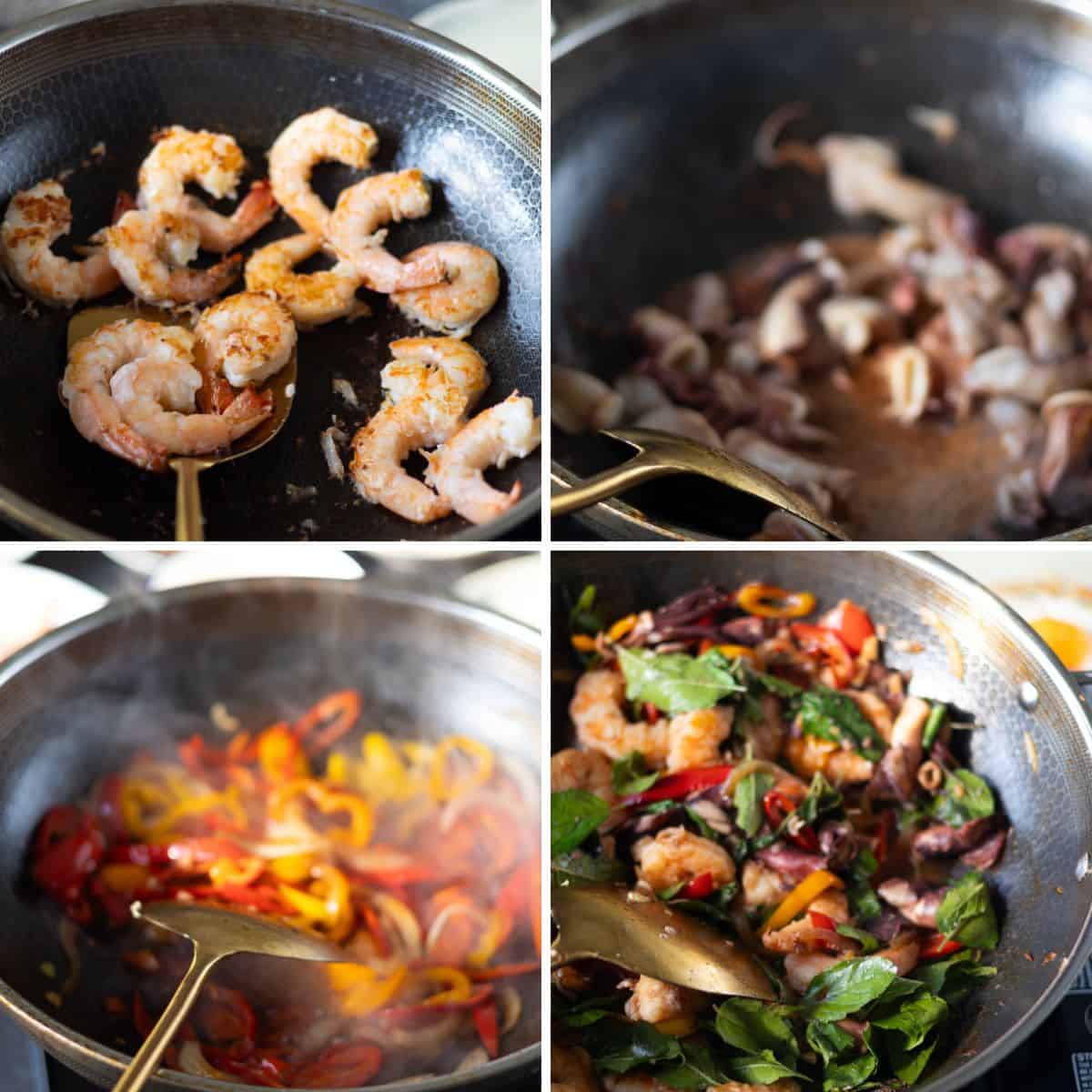 Making Seafood and Holy Basil Stir Fry