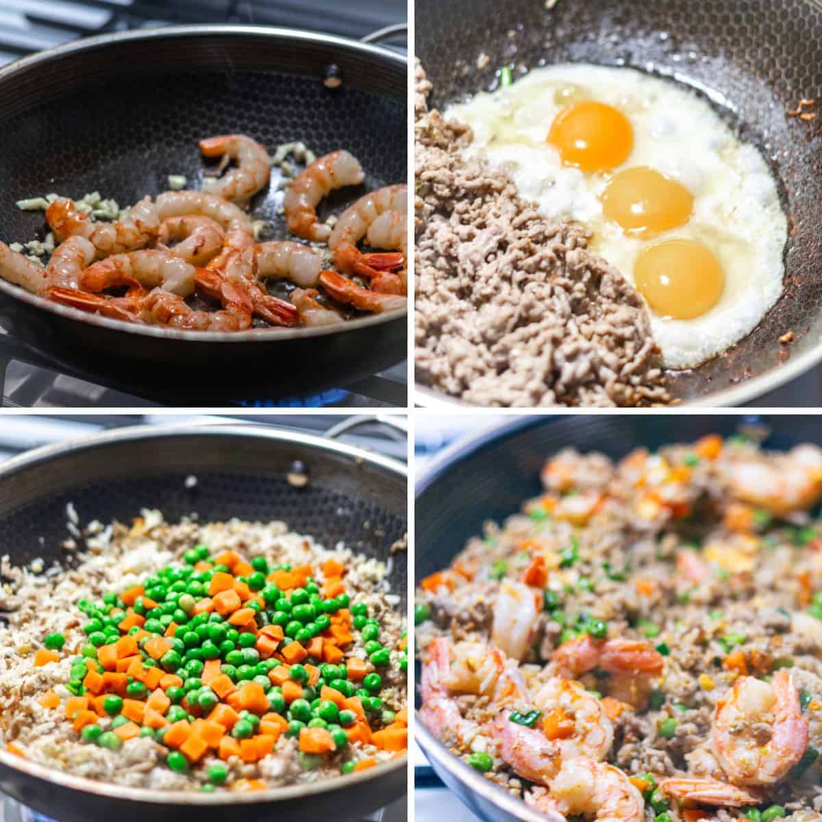 Making shrimp and pork fried rice